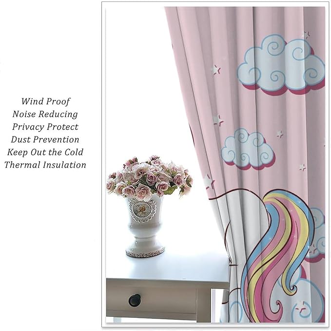 Unicorn Curtains Children's Cartoon Starry Sky Theme Unicorn Pattern Curtains Star Galaxy Boys Girls Room Blackout Curtains 42x45 Inch 2 Panels