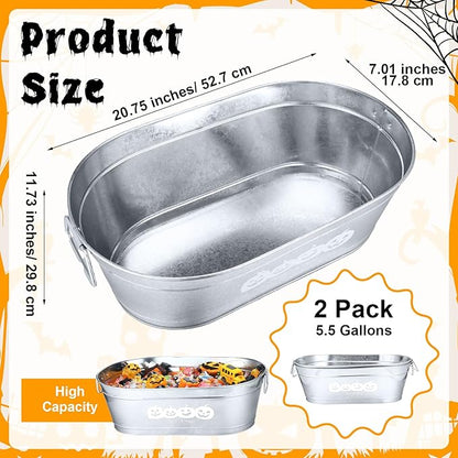 2 Pcs Halloween Pumpkin 5.5 Gallons Galvanized Beverage Stainless Steel Ice Buckets Tubs with Handles, Large Drink Wine Cooler Bins for Parties Farmhouse Garden Bar Christmas(Trick or Treat)