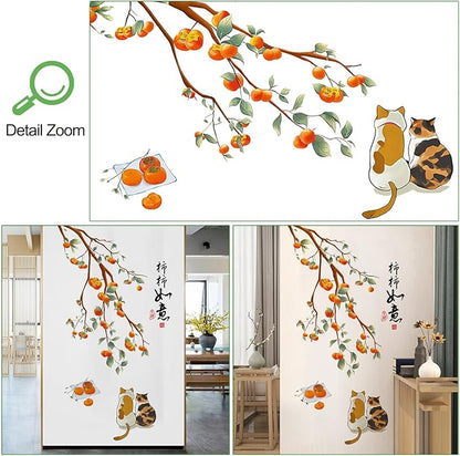Amaonm Removable 3d Orange Persimmon With Tree Branch wall sticker Cat Falling Leaf Wall Decals Chinese Quotes "Everything is going well" for Kids Girls Boys Bedroom Living Room Nursery Classroom Playroom Wall Background Decoration