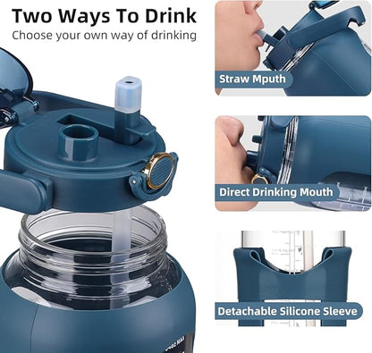 74 oz Glass Water Bolttles with Straw Large Motivational Water Bottle with Time Marker Sports Water Bottles with Silicone Sleeve and Handle Lid 2.2L Water Jug for Gym Workout