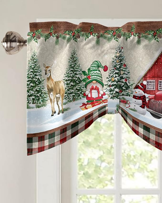 Christmas Farmhouse Blackout Tie Up Valance Curtains for Kitchen Windows Red Truck Gnomes Window Toppers Balloon Shades for Living Room/Bathroom/Bedroom,1 Panel,60" X 18" Winter Holiday Snowman