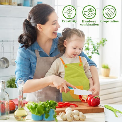 Montessori Kitchen Tools for Toddlers Cooking, Wooden Kids Kitchen Knife Set Include Plastic Toddler Safe Knives, Apron Set, Cutting Board, Sandwich Cutter, Y Peeler, Crinkle Cutter