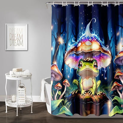 AILONEN Cartoon Frog Shower Curtain,Magic Mushroom Waterproof Fabric Bath Curtain for Kids Girls,Boho Style Tropical Amphibian Shower Curtain Set for Bathroom, 36" W*72" H