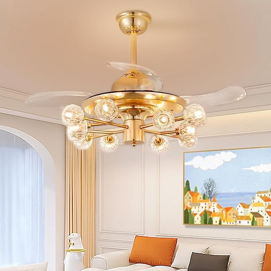 48" Chandelier Ceiling Fans with Lights: 12-Light Sputnik Crystal Ceiling Fan Chandelier - Modern Retractable Fandelier Ceiling Fan for Dining Living Room Bedroom - Gold Fandelier with Lights