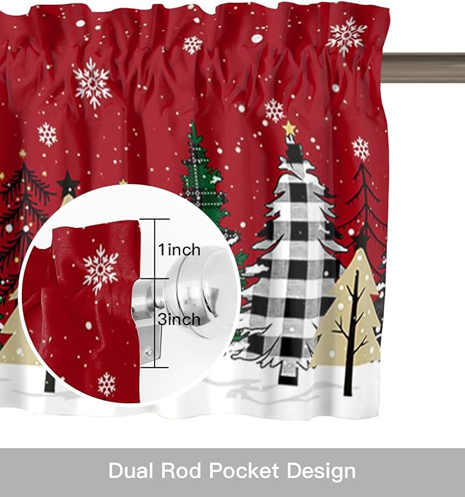 Red Merry Christmas Kitchen Curtains and Valances Set, Green Christmas Tree Windows Treatments Tiers Half/Short Curtains for Small Windows Cafe /Living Room/ Bedroom 54x24 in White Snow Forest Winter