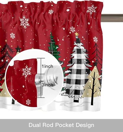 Red Merry Christmas Kitchen Curtains and Valances Set, Green Christmas Tree Windows Treatments Tiers Half/Short Curtains for Small Windows Cafe /Living Room/ Bedroom 54x24 in White Snow Forest Winter
