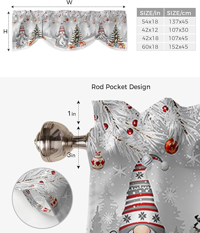 Christmas Gnome Blackout Tie Up Valance Curtains for Kitchen Windows Winter Merry Christmas Tree Balls Window Toppers Balloon Shades for Living Room/Bathroom/Bedroom,1 Panel, 60" X 18", Grey