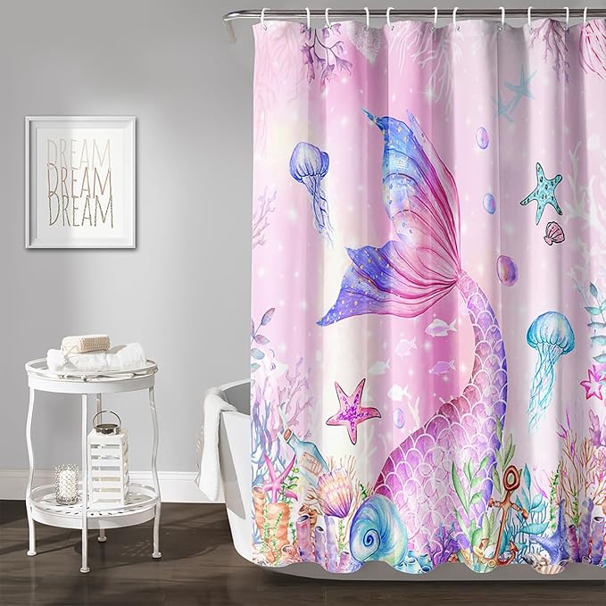 AILONEN Mermaid Shower Curtain for Kids Women Girls, Pink Ocean Coral Jellyfish Coast Bathroom Curtain,Mermaid Tail Print Bath Curtain 48" W*72" H Polyester Waterproof Shower Curtain with 12 Hooks