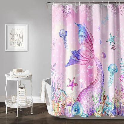 AILONEN Mermaid Shower Curtain for Kids Women Girls, Pink Ocean Coral Jellyfish Coast Bathroom Curtain,Mermaid Tail Print Bath Curtain 72" W*72" H Polyester Waterproof Shower Curtain with 12 Hooks