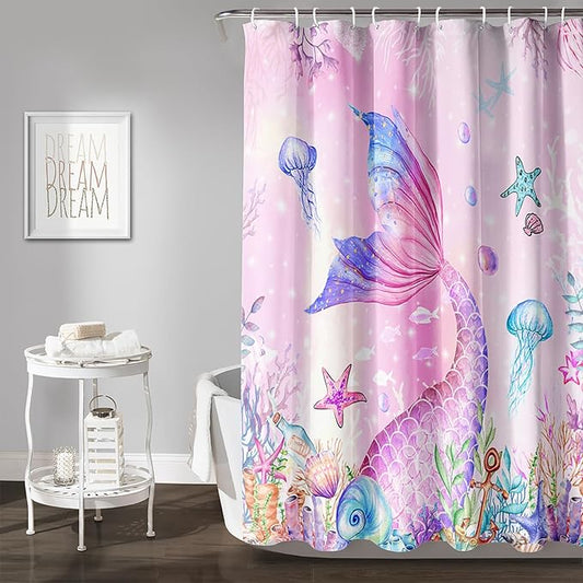 AILONEN Mermaid Shower Curtain for Kids Women Girls, Pink Ocean Coral Jellyfish Coast Bathroom Curtain,Mermaid Tail Print Bath Curtain 72" W*72" H Polyester Waterproof Shower Curtain with 12 Hooks