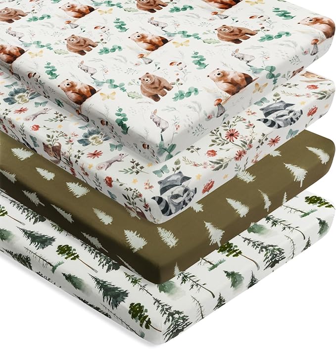 4 Pack N Play Sheets Woodland Forest Animals Wood Neutral Unisex Fitted Baby N Play Sheets Fitted for Standard Pack and Plays and Mini Cribs Set for Baby Boys or Girls (Cartoon Beer)