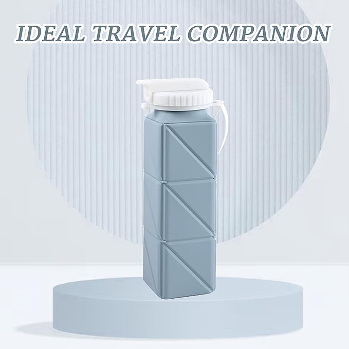 EOBTAIN Blue Collapsible Water Bottle with Straw 20oz Soft Foldable Water Bottles BPA Free and Food Grade Silicone Water Cup for Travel,Hiking,Gym.Portable Leak Proof and Reusable Sports Bottle.