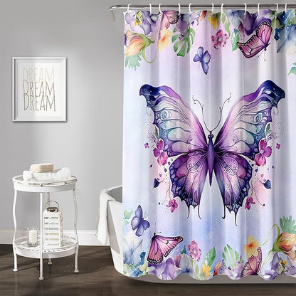 AILONEN Butterfly Shower Curtain for Bathroom, Purple Butterfly Bath Curtain Decor,Modern Printed Waterproof Shower Curtain with 12 Plastic Hooks (Kids/Girls/Women/Teen/) 72" W*72" H