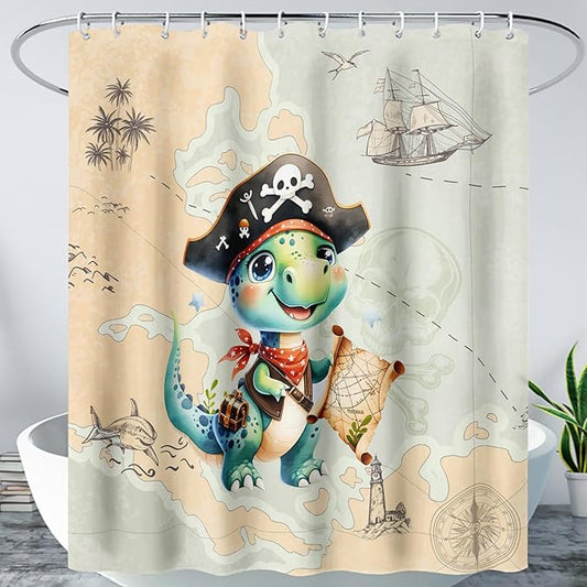 AILONEN Cute Dinosaur Shower Curtain,Ocean Map Nautical Pirate Dinosaur Bath Curtain,Boys Exploring Captain Dinosaur Decoration Kids Curtain with 12 Plastic Hooks,Waterproof 72" W*78" H