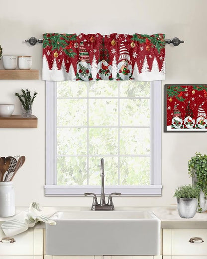 Christmas Gnomes Kitchen Curtains Valances for Windows Red Winter Holidays Rod Pocket Window Treatment for Kitchen /Living Room/Bedroom/ Bathroom,42" X 12" -1 Panel, White Snowflakes Xmas Trees