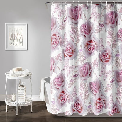 AILONEN Girls Rose Shower Curtain 36" W*72" H, Pink Rose Shower Curtain with Hooks,Waterproof Floral Shower Curtain for Bathroom,Romantic Flower Pink Shower Curtain