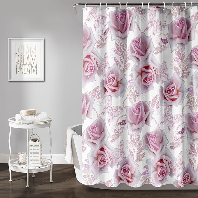 AILONEN Girls Rose Shower Curtain 72" W*84" H, Pink Rose Shower Curtain with 12 Hooks,Waterproof Floral Shower Curtain for Bathroom,Romantic Flower Pink Shower Curtain