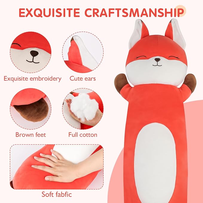 22 inch Orange Fox Body Pillow for Kids, Fox Stuffed Animals, Soft Long Cuddle Pillow Plushies, Giant Cute Fox Plush Toys Gift for Kids, Boys Birthday