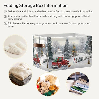 Christmas Tree Red Truck Storage Basket Fabric Laundry Baskets Winter Snowman Snowflake Golden Retriever Dog Storage Boxes Organizer Bag for Cloth Toy Book Storage Cubes Shelf Closet Bins 16×12×8