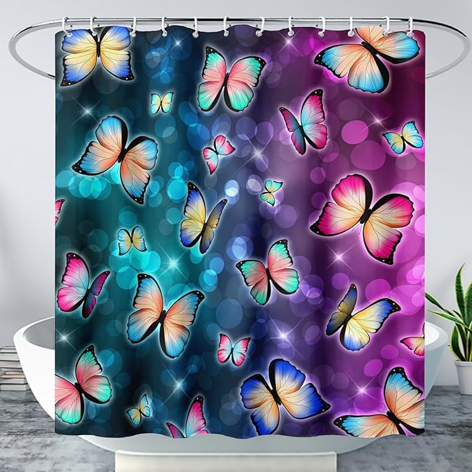 AILONEN Colorful Butterfly Shower Curtains,Gradient Butterfly Bath Curtain for Bathroom Decor,Polyester Waterproof with 12 Plastic Hooks 72" W*78" H