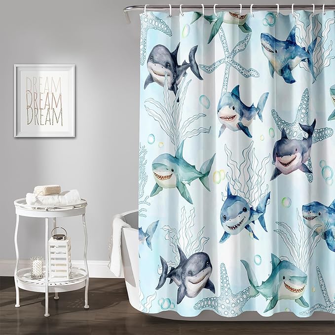 AILONEN Shark Shower Curtain for Bathroom, Cute Shark Bathroom Curtain,Blue Tie Dye Ocean Theme Bath Curtain 72" W*72" H Polyester Waterproof Children Boys Bathroom Curtain with 12 Hooks