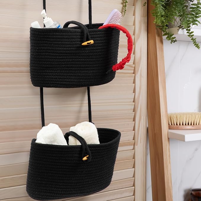TeoKJ Over the Door Hanging Baskets with Button Strap, 3-Tier Woven Cotton Storage Organizer Bag, Wall-Mounted with Hook Decorative Hanging Nursery Baskets - Black
