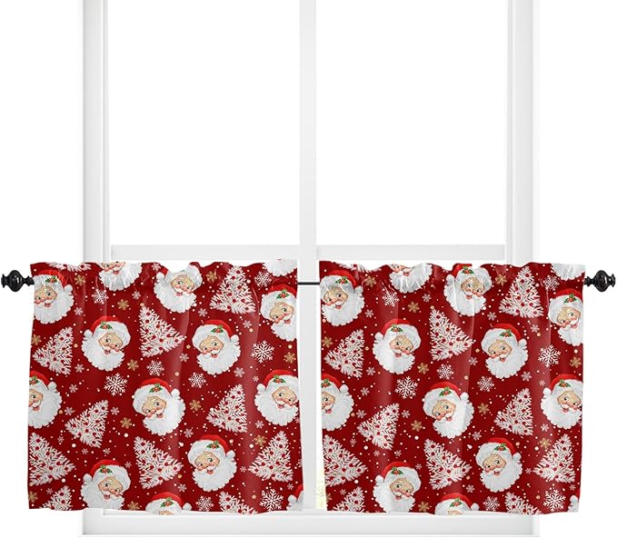 Red Christmas Kitchen Curtains and Valances Set, Santa Claus Merry Christmas Tree Windows Treatments Tiers Half/Short Curtains for Small Windows Cafe/Living Room/Bedroom 54x24 in Winter Snowflake