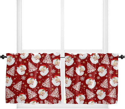 Red Christmas Kitchen Curtains and Valances Set, Santa Claus Merry Christmas Tree Windows Treatments Tiers Half/Short Curtains for Small Windows Cafe/Living Room/Bedroom 54x24 in Winter Snowflake