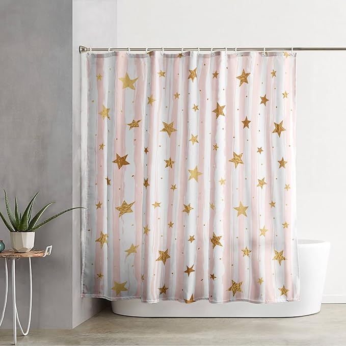 AILONEN Stars Shower Curtain, Pink Striped and Gold Stars Waterproof Shower Curtain,Simple Vintage Style Shower Curtain Liner for Girls Women Adults,72" W*78" H