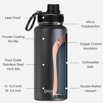 DRINCO Stainless Steel Water Bottle Spout Lid Vacuum Insulated Double Wall Water Bottle USA Flag Military Veteran (32oz Skull Black, 32oz)