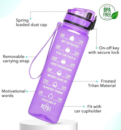 26oz Motivational Water Bottle with Time Marker & Fruit Strainer, Leak-proof BPA Free Non-Toxic Bottle with Carrying Strap, Perfect for Fitness, Gym and Outdoor Sports