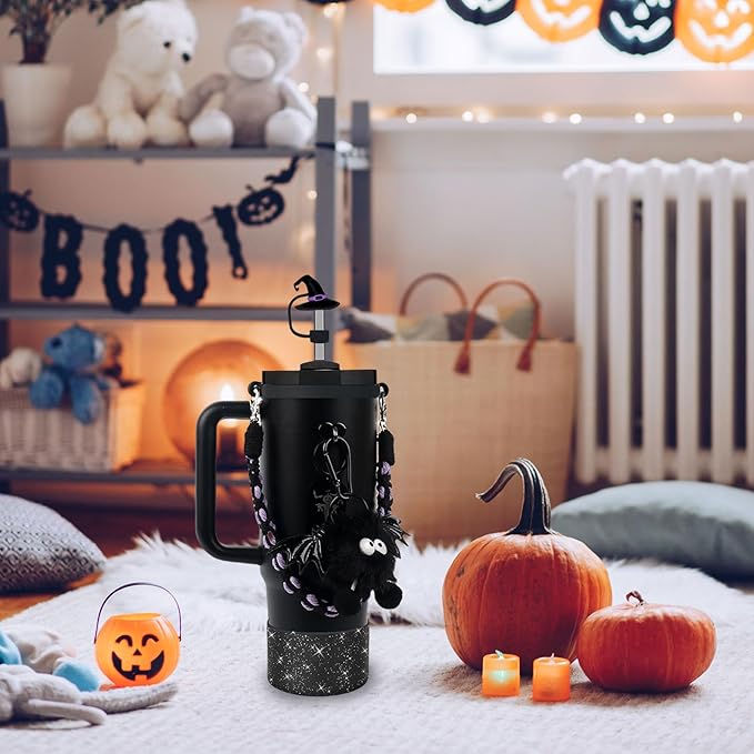BELSITA Stanley Cup Accessories Set, Black Bird Chain Braided Design Water Bottle Handle Strap, Black Glitter Silicone Stanley Cup Boot, Stanley Charms for Stanley Cup 30/40oz Tumble (Halloween 2)