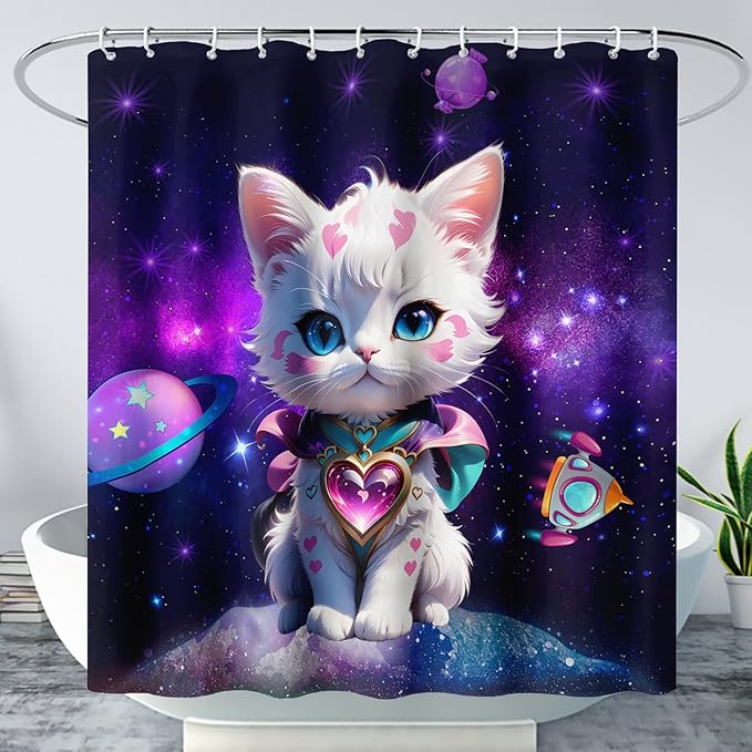 AILONEN Cartoon Cat Shower Curtain Set for Kids Boys Girls, Kawaii Love Kitten Shower Curtain for Bathroom,Galaxy Planet Washable Fabric Shower Curtain with Hooks,72" W*78" H