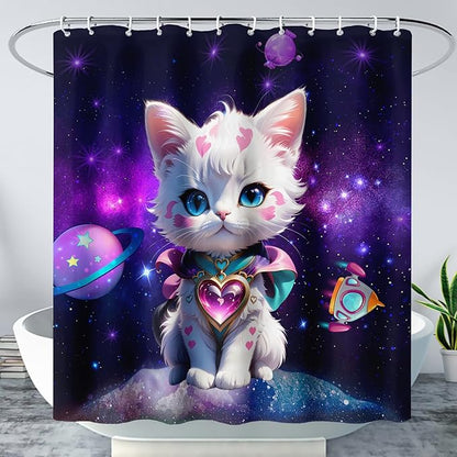 AILONEN Cartoon Cat Shower Curtain Set for Kids Boys Girls, Kawaii Love Kitten Shower Curtain for Bathroom,Galaxy Planet Washable Fabric Shower Curtain with Hooks,72" W*96" H