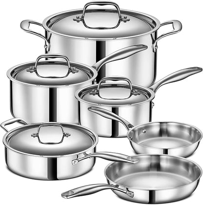 Legend 3 Ply Stainless Steel Cookware Set - 10-Piece, Full Clad, Induction, Non-Toxic, Oven Safe, Best 18/0 Professional Pots and Pans, Premium Kitchen Cooking, Chef Quality - PFOA, PTFE & PFOS Free