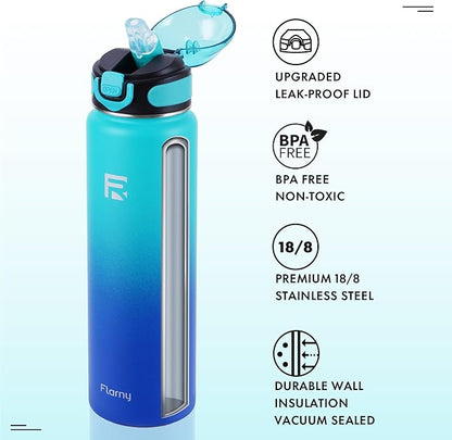 32 oz Insulated Water Bottle with Straw, Stainless Steel Metal Thermos Bottles, Durable Non-Slip Gradient Bottle with Strap for Sports and Travel, Leak Proof (Green Blue)