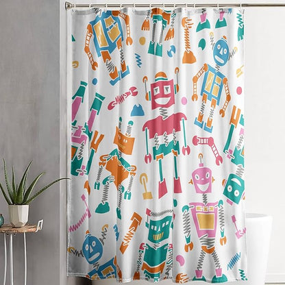 AILONEN Robots Shower Curtain,Modern Cartoon Super Robot Pattern Bathroom Decor for Boys Girls Teens Kids, 60" W*72" H Watercolor Robot Shower Curtain Set