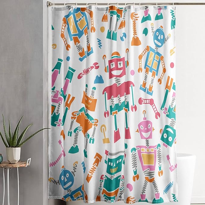 AILONEN Robots Shower Curtain,Modern Cartoon Super Robot Pattern Bathroom Decor for Boys Girls Teens Kids, 36" W*72" H Watercolor Robot Shower Curtain Set