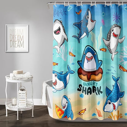 AILONEN Cartoon Shark Shower Curtain,Kawaii Donut Shark with Marine Life Bath Curtain Set for Kids Girls Boys,Fish Seaweed Fabric Shower Curtains for Bathroom, 72" W*78" H