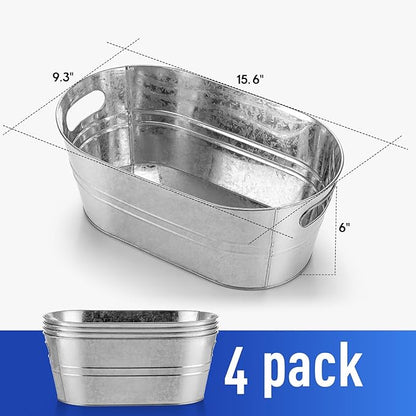 4PCS Galvanized Tub 4 Gallon with Carry Ice Bucket Large Metail Drink Buckets for Parties Beer Drink Storage Coller Ice Tub for Mimosa Bar Supplies