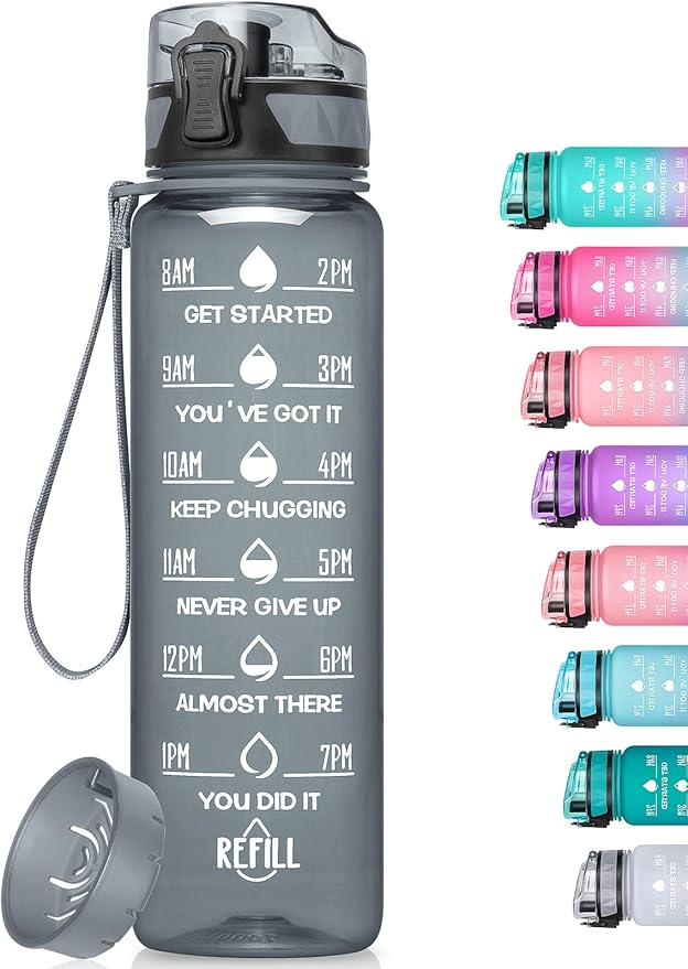 32oz/26oz Motivational Water Bottle with Time Marker & Fruit Strainer, Leak-proof BPA Free Non-Toxic 1l Bottle with Carrying Strap, Perfect for Fitness, Gym and Outdoor Sports, Plastic