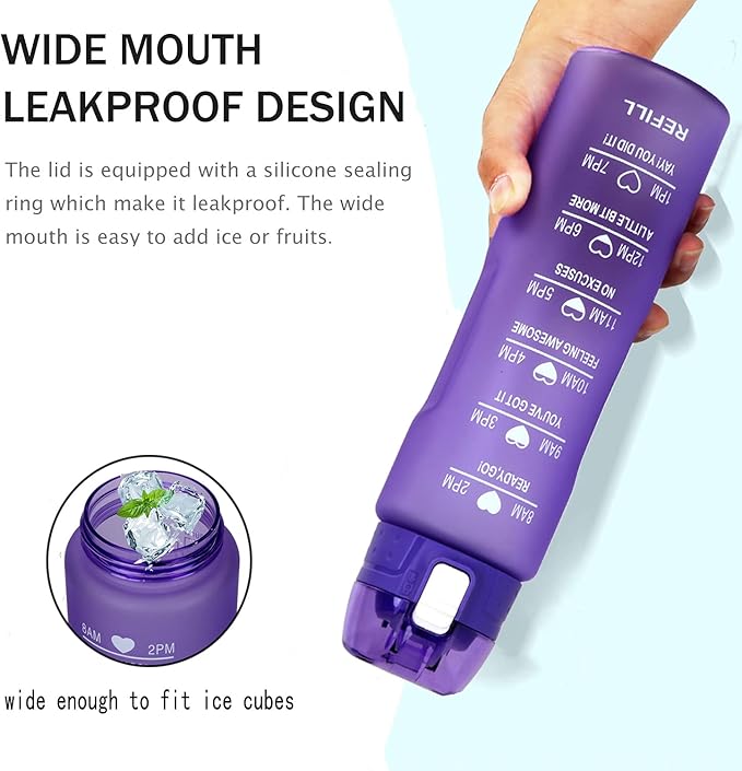 XACIOA Water Bottle with Straw,32oz Plastic Cup with Motivational Time Marker,1L Tritan Sport Lightweight Leakproof BPA-Free,Wide Mouth Fast Flow Ensure You Have Times to Drink,with Straw & Cup Brush