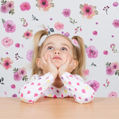 60 Pcs Flower Wall Decals, Watercolor Leaves Wall Stickers Flower Decor for Girls Bedroom Computer Lockers Living Room, 4 Sheets