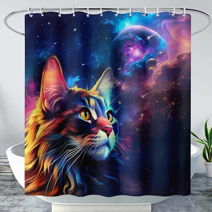 AILONEN Cat Shower Curtains for Kids,Galaxy Cat Curtains Gifts for Cat Lover,Animal Theme Bath Curtains for Bathroom Decor,36" W*72" H Polyester Waterproof with Plastic Hooks