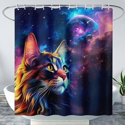 AILONEN Cat Shower Curtains for Kids,Galaxy Cat Curtains Gifts for Cat Lover,Animal Theme Bath Curtains for Bathroom Decor,72" W*84" H Polyester Waterproof with 12 Plastic Hooks