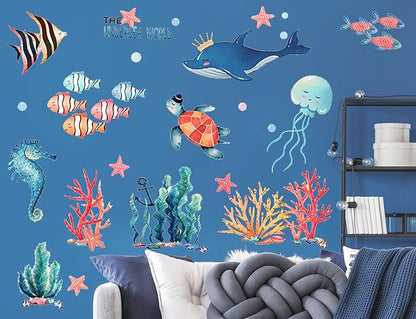 8 Sheets Under The Sea World Wall Decals Ocean Animals Wall Decals Removable DIY Ocean Fish Seahorse Coral Turtle Wall Decor for Kids Baby Bathroom Bedroom Living Room Playroom TV Wall Decor