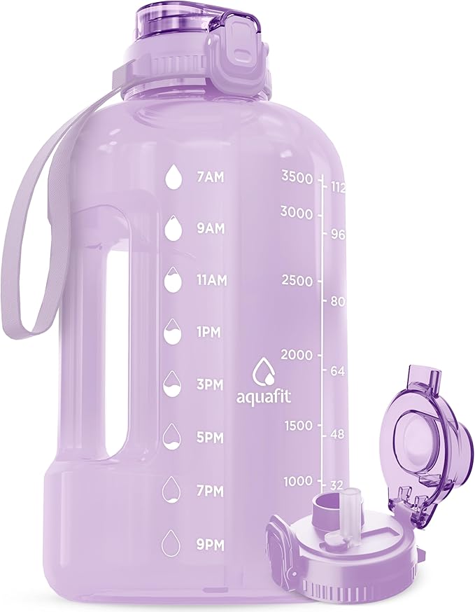 AQUAFIT 1 Gallon Water Bottle with Time Marker - BPA Free 128 oz Water Bottle with Straw, Gym Water Bottle with Handle, 1 Gallon Water Jug, Big Water Bottle, Large Water Bottle (Purple Haze)