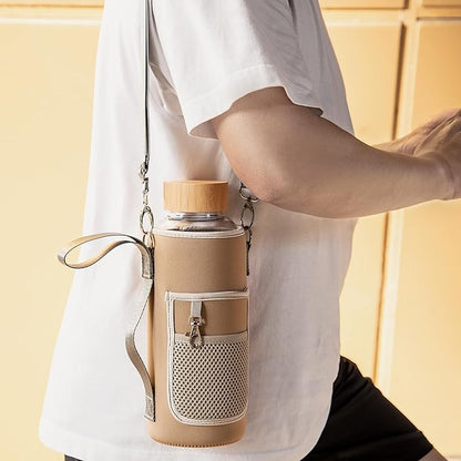 48 oz Sports Borosilicate Glass Water Bottle with Bamboo Lid with Neoprene Sleeve