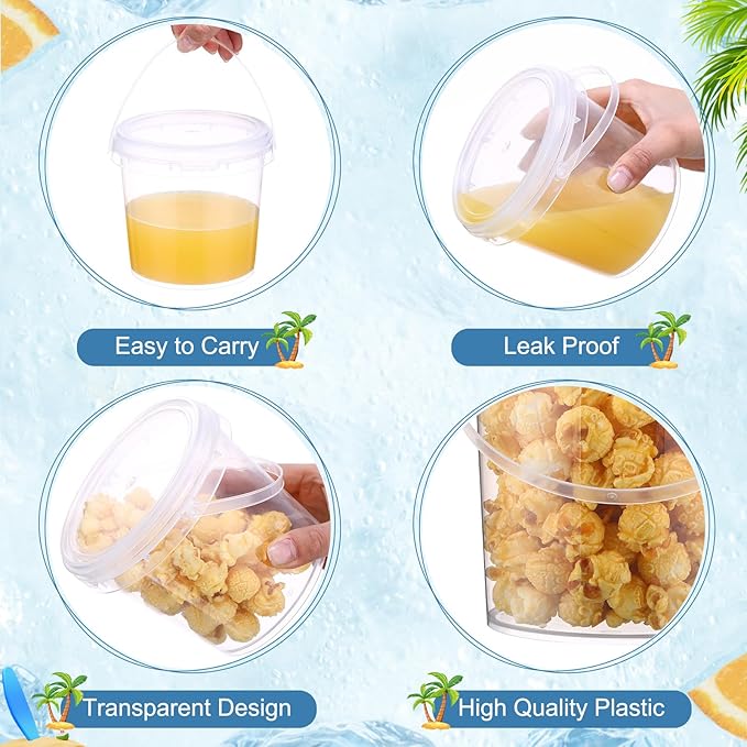 24 Pcs Ice Cream Bucket Clear Plastic Bucket with Lids and Straws Drinks Containers Plastic Food Storage Pail for Summer Cold Drink Beach Parties