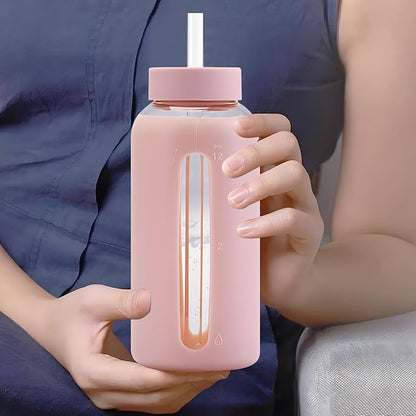 27 Oz Hydration Bottle,Minimalist Glass Water Bottle With Silicone Sleeve,Wide Mouth Opening With 2 Lids,Train Straws,Gift for Kids/Adults,Sport Glass Water Bottle for Gym/Yoga/Outdoor (Pink, 27 oz)